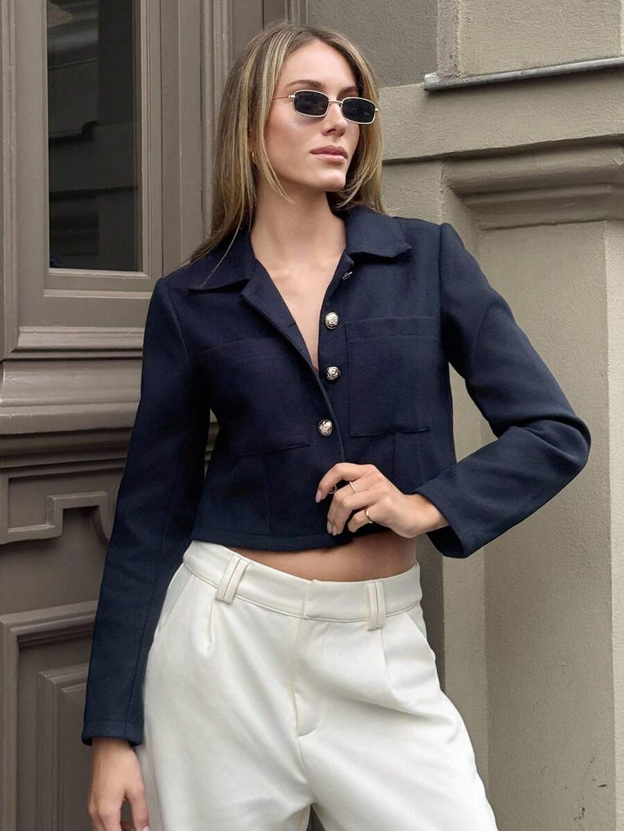 Pariaura Jaqueta feminina azul-marinho elegante estilo francês com gola virada para baixo e manga comprida, ajuste regular, outono - Azul marinho - Ver 1