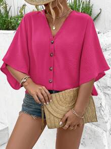 EMERY ROSE Blusa versátil de talla grande para mujer con detalles de diseño, cuello en V, mangas raglán y botones, en unicolor y jacquard, para playa y resort, nueva colección primavera/verano 2025 - Rosa Fucsia - Ver 6