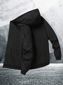 Manfinity Homme Men Solid Color Hooded Long Sleeve Jacket, Zip Up Outdoor Windbreaker, Fall - Black - View 3