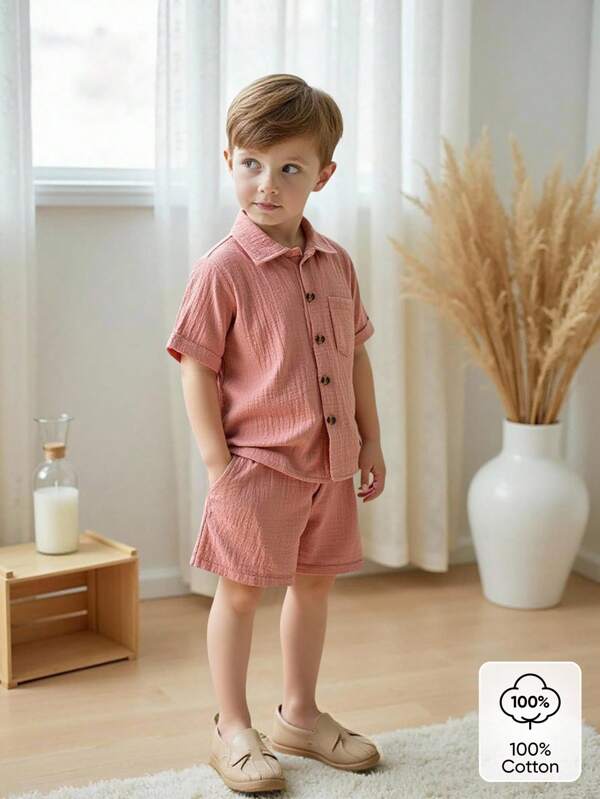 SHEIN 2pcs Young Boys Cotton Casual Classic Short Sleeve Shirt And Shorts Set, Suitable For Daily Wear, School, Outing, Play, Getaway, Holiday, Travel, Relax, Sunbathing, Spring/Summer