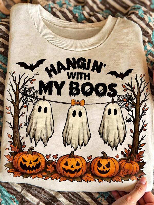 Lalippa Cute Pumpkin & Bat Graphic Hanging Ghost Pullover Sweatshirt For Women, Round Neck Long Sleeve, Suitable For Holidays And Everyday Wear  Fall Outfit