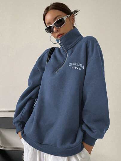 DAZY 字母图案半拉链落肩卫衣，秋季女装，保暖内衬