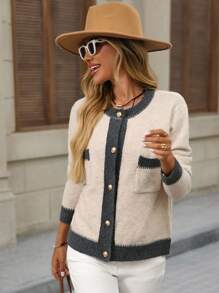 Brillora 女款撞色圆领长袖单排扣休闲针织开衫，女款针织开衫，双色开衫，休闲开衫，女款开衫，秋冬纽扣开衫 - 卡其色 - 查看 7