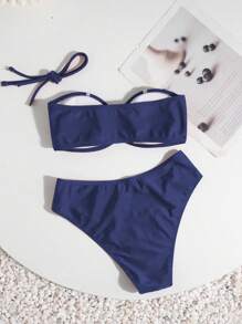 Swim Chiccia 女士全新纯色时尚性感两穿（吊带+抹胸）露背金属装饰三角比基尼套装，配侧面金属配饰，夏日海滩 - 藏蓝色 - 查看 4