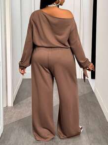 Slaydiva Ensemble 2 pièces ample à manches longues avec une épaule inclinée, un Top avec cordon élastique à la taille et poches, et un pantalon à jambes larges. Couleur brun foncé. Convient pour l'automne/hiver, le retour à l'école, le style de rue, les sorties, le travail, l'aéroport, les fêtes, le quotidien, etc. - Tabac - Voir 3