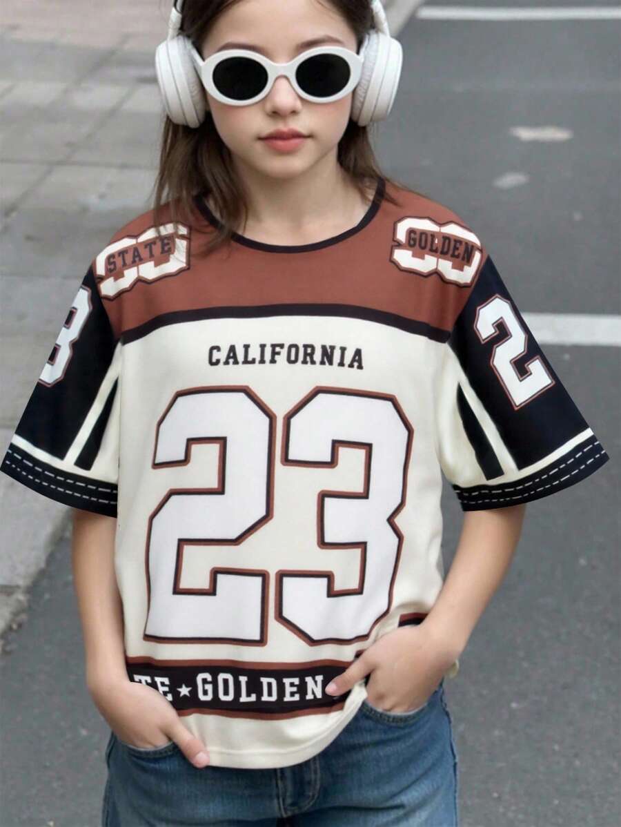青少年女孩休闲运动风格时尚字母和数字 23 条纹撞色印花短袖圆领 T 恤,夏季活力 - 彩色 - 查看 1