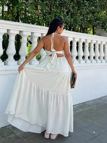 NegzBox 女士雪紡領口無背連衣裙，配長尾裙設計，適用於度假、婚禮或節日 - 米色 - 查看 2