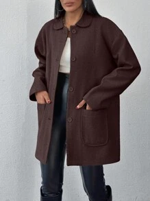 EURMUSE Cotton Knitted Overcoat Drop Shoulder Double Pocket Coat Easy To Style Perfect For Autumn And Winter - Chocolate Brown - View 4