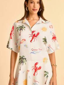 CAJUNI Women's Vacation Shallow Yellow Ocean Element Lobster, Palm Tree, Starfish Printed Shirt Collar Short Sleeve Button Down Waist 2 In 1, Summer Vacation, Date, Party, Beach Printed Jumpsuit