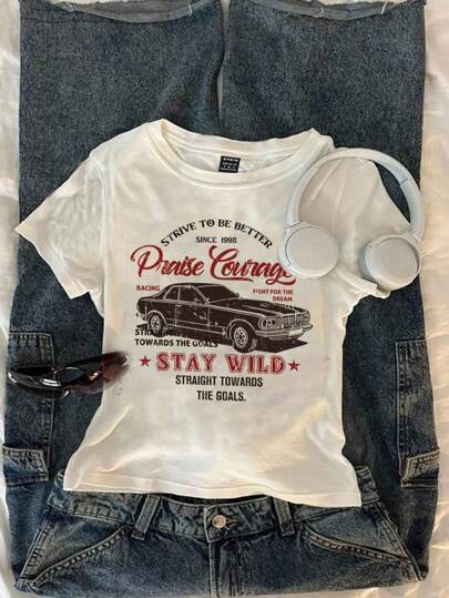 Attitoon Vintage Style Retro Car Letter Graphic Print Fitted Round Neck Short Sleeve T-Shirt For Women, Suitable For Summer Suitable For Going Out