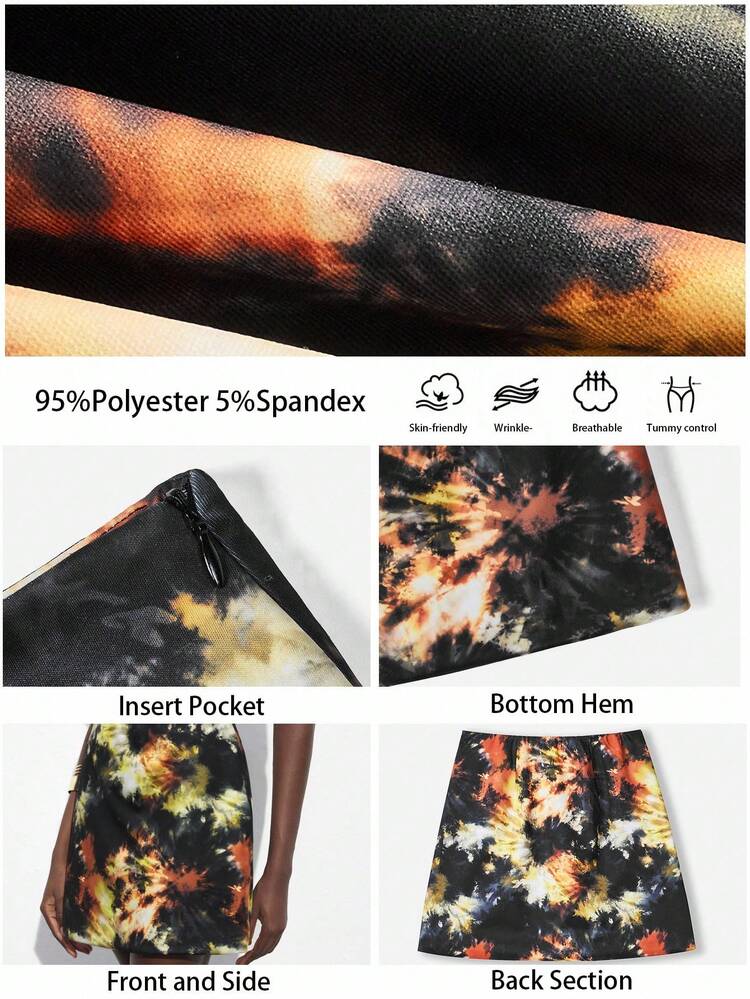 SHEIN Maija Women's Ombre Printed Decorative Skirt, Versatile For Autumn & Winter, Green & Yellow Digitally Printed, Side Zipper Mini Skirt Festival