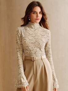 Anewsta 女士优雅珍珠蕾丝高领喇叭袖上衣，秋冬 - 卡其色 - 查看 5