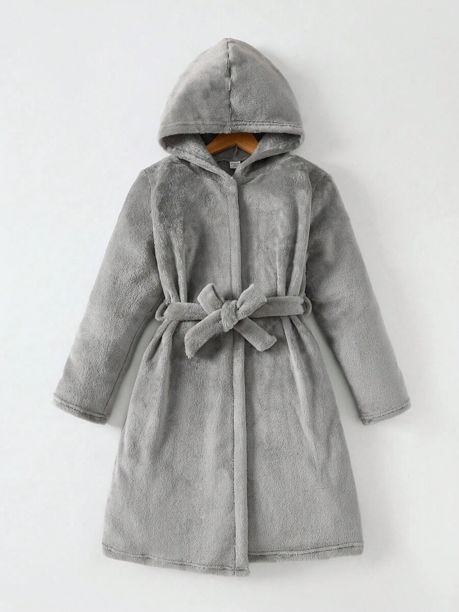 男童灰色纯色简约时尚纯色长袖长款连帽抽绳睡袍家居服