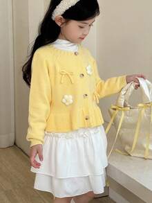 SHEIN Young Girl Casual Cardigan With Bow & Floral Decor, Ruffle Hem Front Button Knit School To Cute Tops Graphic Yellow Cardigan Sweaters With Button For Spring, Fall/Winter - Yellow - View 6