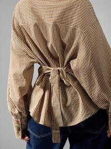 MISSGUIDED Striped Button Down Shirt Tie Back Detail Balloon Sleeve Collared Blouse Wide Cuff Office Business Casual Spring Fall Winter Fashion - Multicolor - View 4