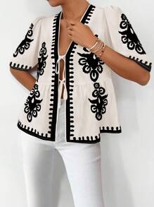 Breezaya Blouse femme à manches en forme de lanterne avec nœud papillon et imprimé tout-sur-tout