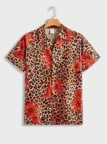 Manfinity VCAY 男士休闲花卉豹纹短袖领梭织衬衫 - 紅色 - 查看 2