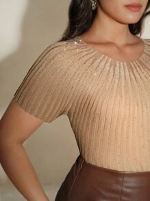Anewsta Women's Elegant Short Sleeve Rhinestone Decor Sheer Knit Top
