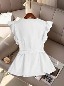 SHEIN Clasi Women's Solid Color Round Neck Ruffle Cap Sleeve Pleated Single-Breasted Elegant Blouse - White - View 2