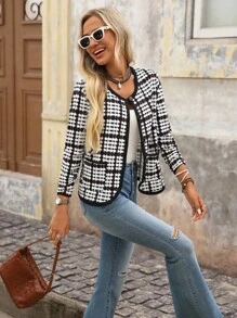 Brillora Women's Houndstooth Long Sleeve Single-Breasted Casual Round Neck Jacket, Tweed Jacket Women, Plaid Jacket Women, Women Casual Jacket, Houndstooth Jacket,Bohemian,Boho Chic,Boho Women Clothing,Western Wear Women,Western, Houndstooth Blazer Women,Fall Clothes,Women's Fall Clothes,Winter Jacket,Business Casual Woman