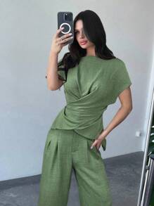 Firerie 女士优雅通勤裹胸系腰上衣和阔腿裤套装 - 軍綠色 - 查看 6