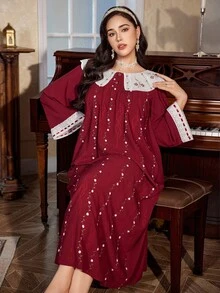 PalaceNights Camisola longa bordada com gola Peter Pan e botões frontais, tamanho grande, Moo Moo, camisola longa de manga comprida para o outono, inverno. - Borgonha - Ver 7