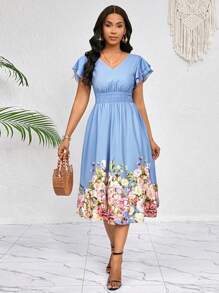 SHEIN Lady 女装优雅度假休闲通勤浪漫碎花下摆定位印花荷叶袖V领收腰A字荷叶边下摆中长连衣裙春夏秋季装 - 彩色 - 查看 6