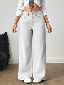 SHEIN Tall Casual Fashion Versatile Simple Wide-Leg Button Women Jeans - Grey - View 6