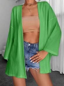 RueChic 女式简约纯色宽松前开蝙蝠袖和服罩衫 - 綠色 - 查看 1