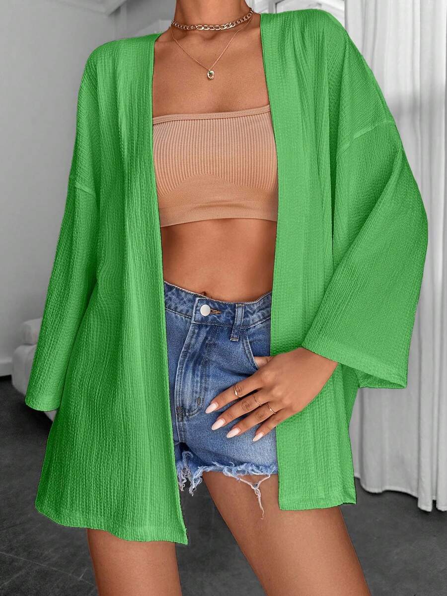 RueChic 女式简约纯色宽松前开蝙蝠袖和服罩衫 - 綠色 - 查看 1