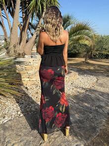 Manon Tanti 新款花卉印花弹力网眼裙，浪漫橙色大花休闲/约会裙