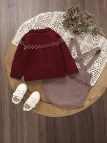 SHEIN 2pcs Baby/Toddler Casual Minimalist Round Neck Long Sleeve Cardigan & Bib Pants Set Fall Winter - Burgundy - View 2