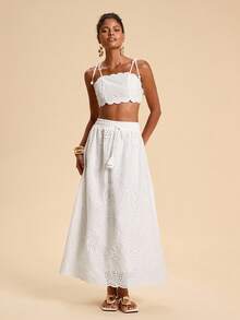 Travachic Damen-Set mit kurzem Camisole und Minirock mit bogenförmigem Saum und Stickerei, zweiteiliges Set für den Sommerurlaub, Damen-Rock-Set, weißes Ösen-Zweiteiler-Set, Ösen-Rock-Set, Urlaubs-Outfits für Damen, Sommer-Frühlings-Rock-Sets, zweiteiliges Rock-Set - Weiss - Übersicht 3