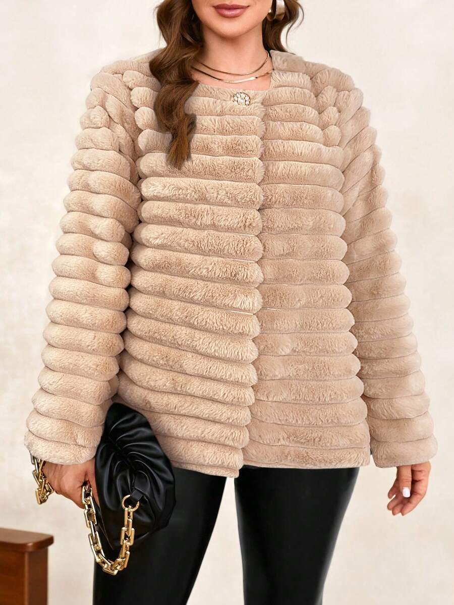 SHEIN Clasi Plus Size Elegant Solid Color Faux Fur Coat, Autumn/Winter Fall - Khaki - View 1