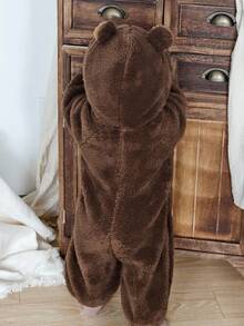 DAZY 女婴卡通撞色长袖连体衣家居服秋冬保暖连帽衫 - 咖啡棕 - 查看 2