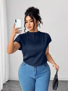 SHEIN LUNE Plus Size Women's Elegant Black Poplin Solid Color Shirt, Spring/Summer - Navy Blue - View 1