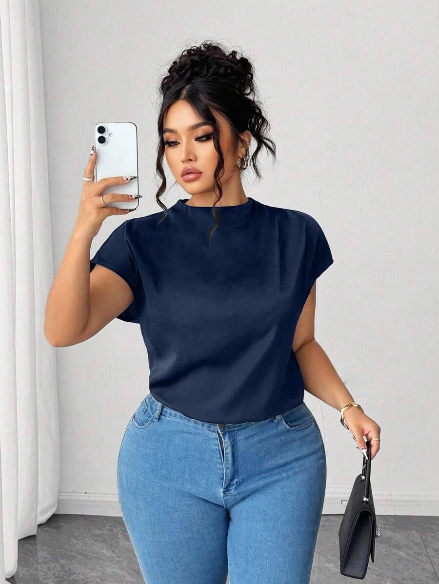 SHEIN LUNE Plus Size Women's Elegant Black Poplin Solid Color Shirt, Spring/Summer - Navy Blue - View 1