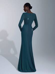 Elitara 扭纹前部闪光伴娘礼服，优雅长袖正式晚会舞会婚礼宾客礼服，适合毕业典礼、晚宴派对礼服 - 綠色 - 查看 2