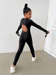SHEIN Tween 女童休闲经典圆领露背前拉链长袖连体衣运动服，青少年女孩运动装，适合日常、户外、休闲运动 - 黑色 - 查看 3