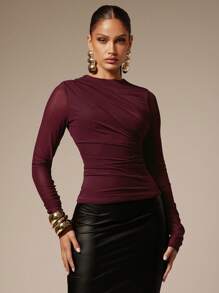 Silquee Áo thun nữ xếp ly màu trơn mỏng, thích hợp cho việc đi lại, áo thun lưới mỏng hở vai dễ thương màu đỏ rượu vang, thích hợp cho mùa thu, áo dự tiệc gợi cảm cổ bẻ thời trang màu đỏ rượu vang cổ điển, áo nữ, phong cách quần áo Giáng sinh cho phụ nữ, áo đi chơi năm mới cho phụ nữ, áo Giáng sinh cho phụ nữ, áo crop top cho phụ nữ, áo crop top cho phụ nữ phong cách retro cho phụ nữ - Cà phê nâu - Xem 6