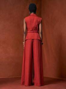 Zivah 2025 年夏季新品,适合生日派对、返校季、校园风、日常穿着、休闲装、度假装、邮轮旅行、海滩装、日光浴装、街头风、优雅装、通勤装、商务休闲装,无袖不对称下摆西装背心和直筒裤套装,腰带、金属扣、松紧腰带,配有真口袋,红棕色,女士两件套夏季服装 - 紅木色 - 查看 3