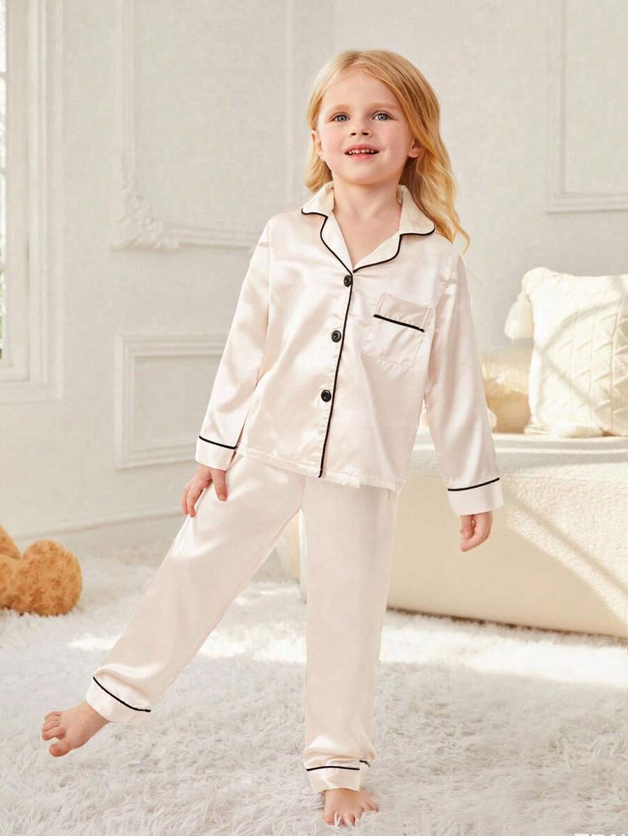 SHEIN Conjunto de pijama de satén con bloques de color y ribete de contraste para niña joven - Champán - Ver 1
