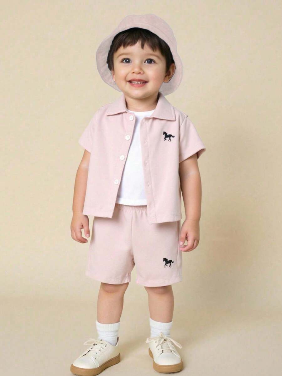 4-Piece Outfit Set For Baby Boy: White T-Shirt, Checkered Shirt, Shorts, Hat, Suitable For Summer Outings, Vacations & All Occasions, Mix & Match Casual Style - Apricot - View 1