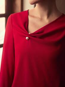 ZEYLAH Asymmetric Decor Button Long Sleeve Elegant Blouse, Autumn/Winter - Red - View 2