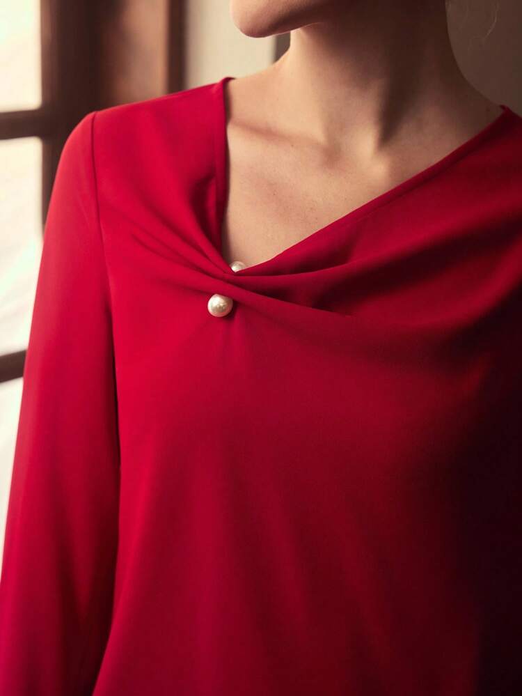 ZEYLAH Asymmetric Decor Button Long Sleeve Elegant Blouse, Autumn/Winter