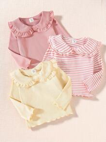 SHEIN 3pcs Baby Girls Elegant Peter Pan Collar Striped Long Sleeve T-Shirt, Cute & Fashionable For Home, Outdoor, Vacation, All Seasons Fall Winter - Multicolor - View 4