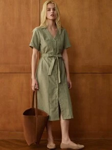Écloséra 法式复古翻领短袖纽扣前收腰纯色春夏连衣裙 - 綠色 - 查看 1