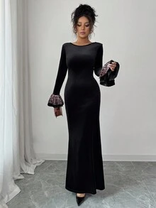 Elenzga Vestido elegante y romántico para mujer con cuello redondo, puños con volantes y estampado de leopardo en patchwork