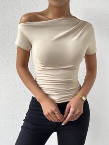 Selianne Camiseta de mujer casual de unicolor con pliegues y manga corta asimétrica - Albaricoque - Ver 3