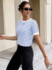 Serisse 女士夏季圓領條紋短袖針織上衣 - 淺藍色 - 查看 6